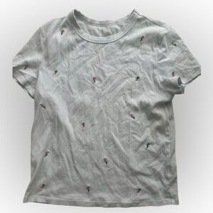 American Eagle Blue Hey Baby Ribbed Tee Crewneck Top Short Sleeve Floral Aerie